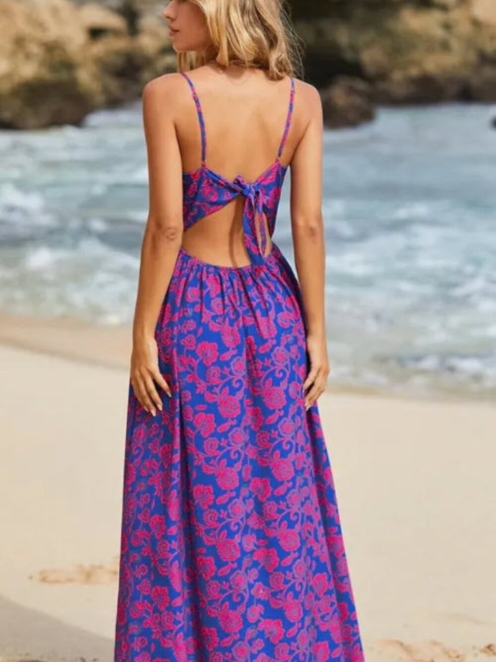 Cupshe Blue & Pink Paisley Knot-Front Spaghetti-Strap Maxi Dress Size Large